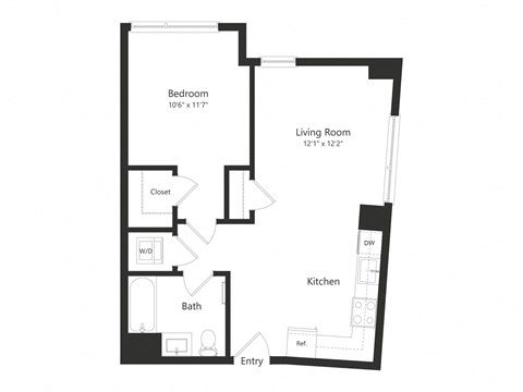 Floor plan for 1 bed, 1 bath, 660 sqft
